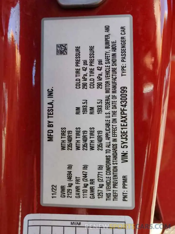 12 fotografías del automóvil dañado 5YJ3E1EAXPF430099 TESLA MODEL 3 2023
