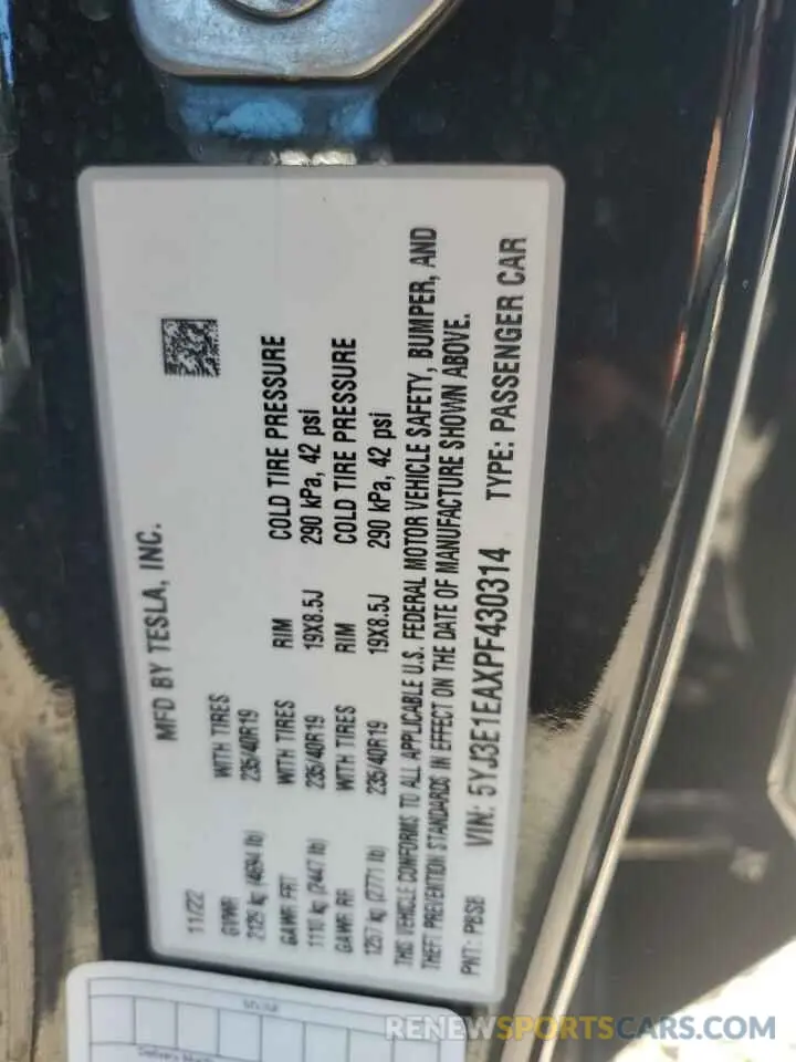 13 fotografías del automóvil dañado 5YJ3E1EAXPF430314 TESLA MODEL 3 2023