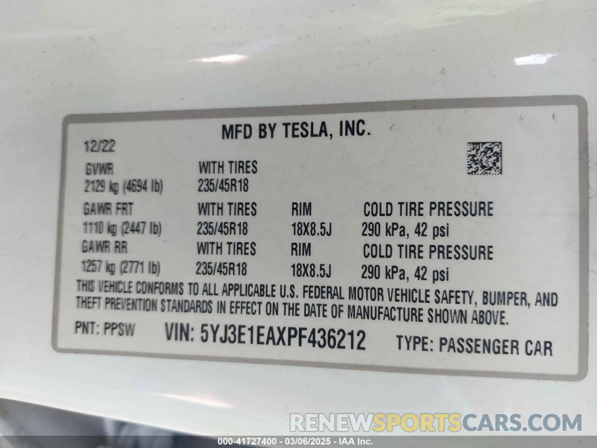 9 fotografías del automóvil dañado 5YJ3E1EAXPF436212 TESLA MODEL 3 2023
