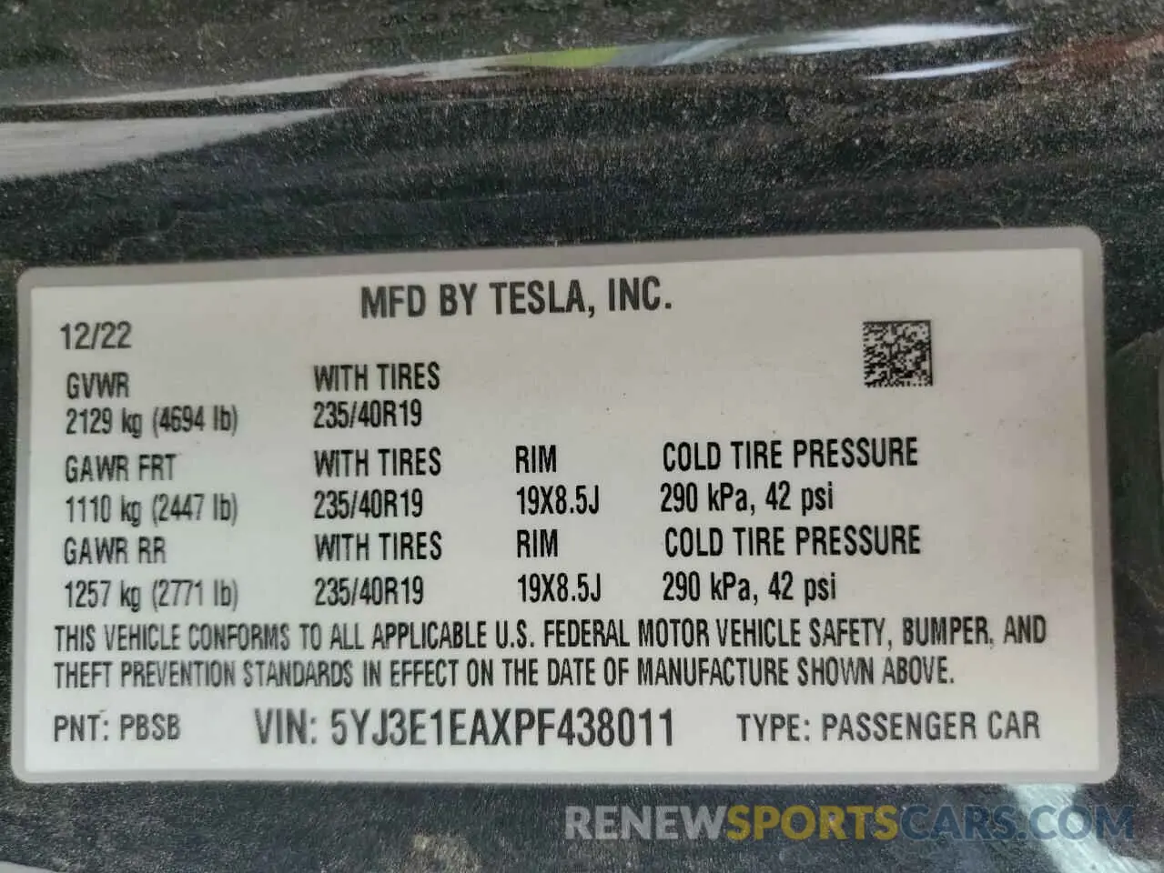 12 fotografías del automóvil dañado 5YJ3E1EAXPF438011 TESLA MODEL 3 2023