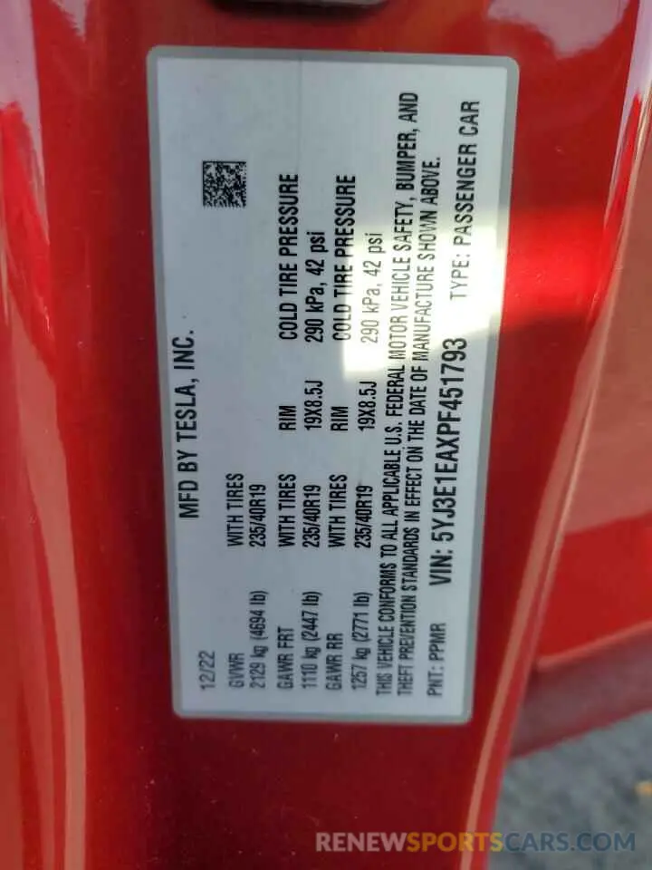 13 fotografías del automóvil dañado 5YJ3E1EAXPF451793 TESLA MODEL 3 2023