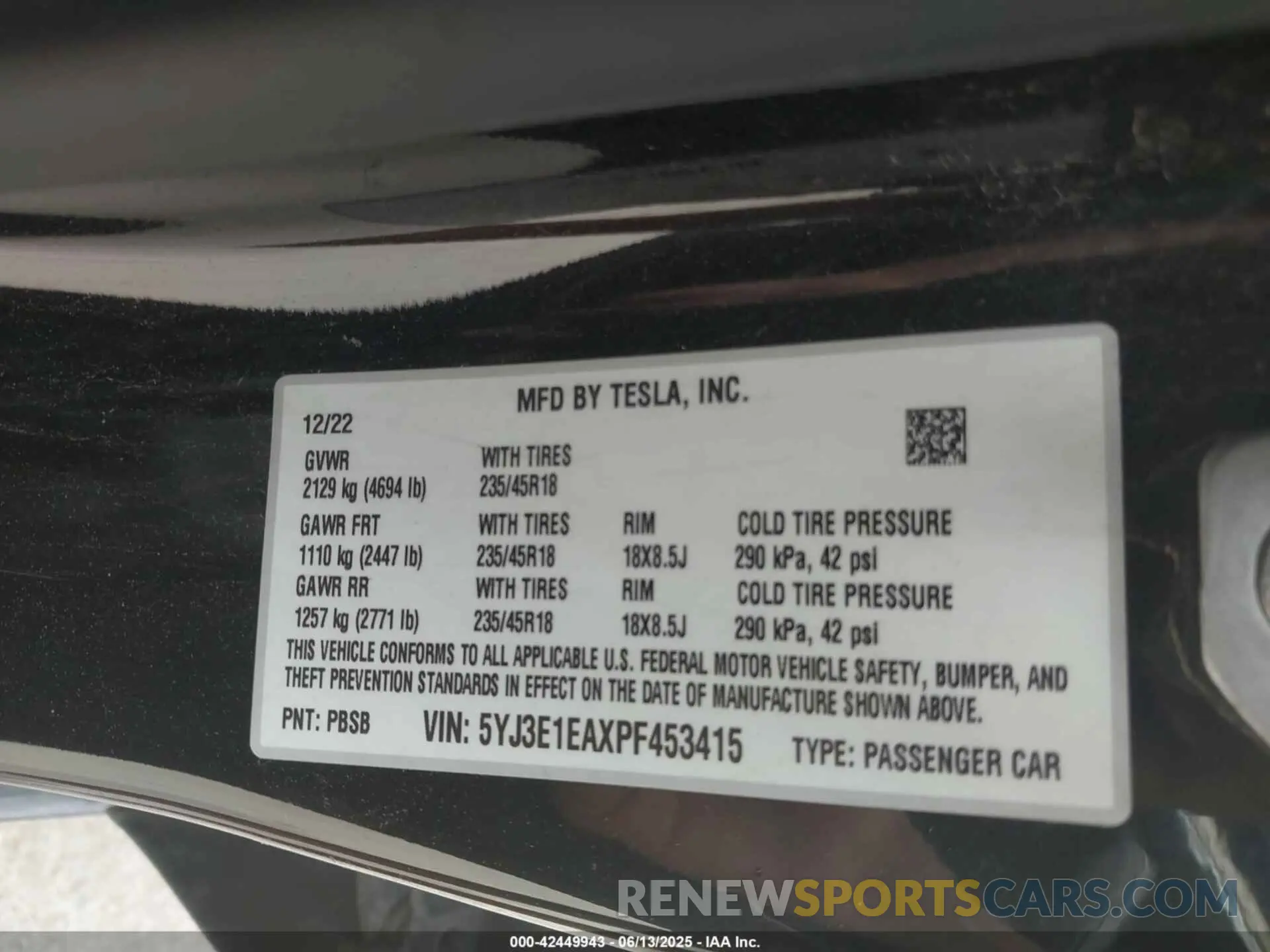 9 fotografías del automóvil dañado 5YJ3E1EAXPF453415 TESLA MODEL 3 2023