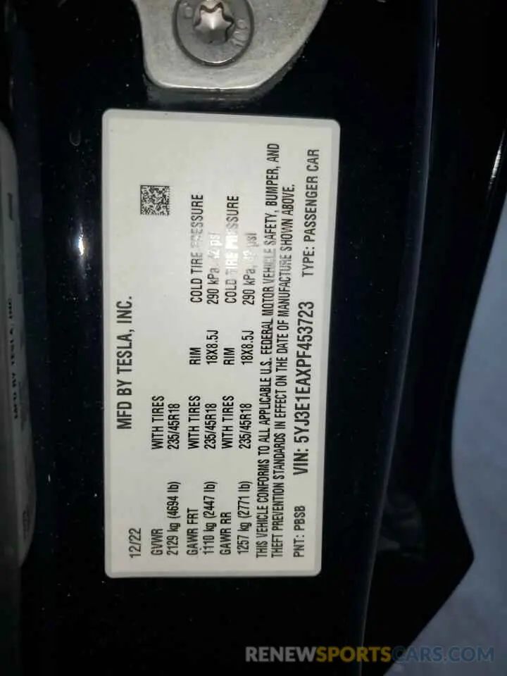 13 fotografías del automóvil dañado 5YJ3E1EAXPF453723 TESLA MODEL 3 2023