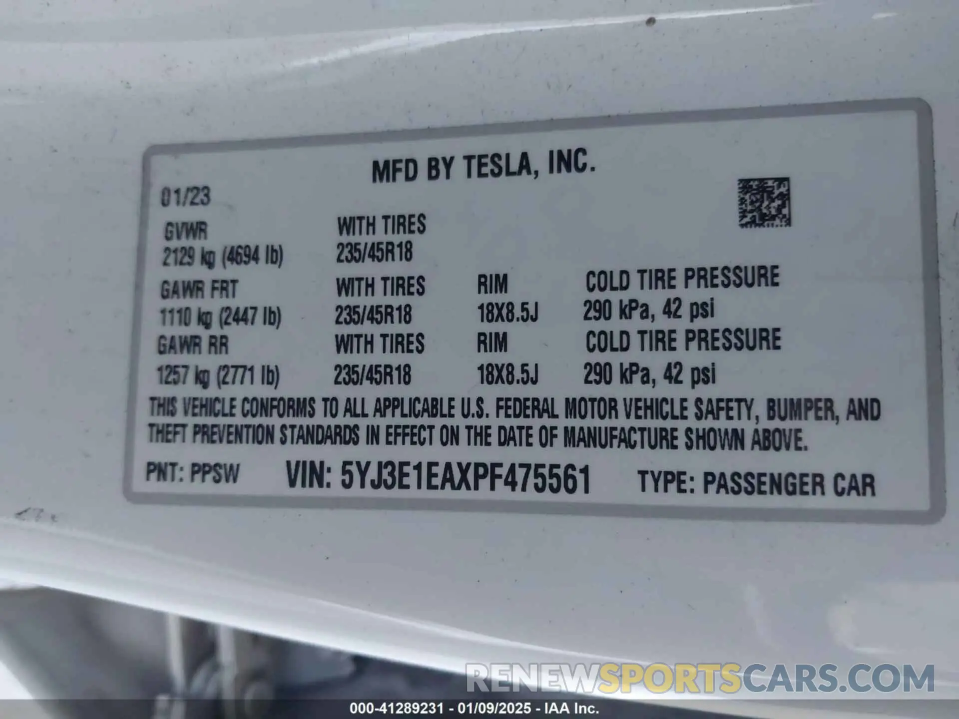 9 fotografías del automóvil dañado 5YJ3E1EAXPF475561 TESLA MODEL 3 2023