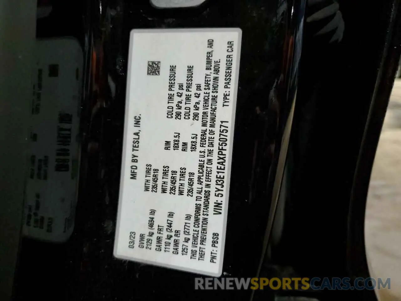 12 fotografías del automóvil dañado 5YJ3E1EAXPF507571 TESLA MODEL 3 2023
