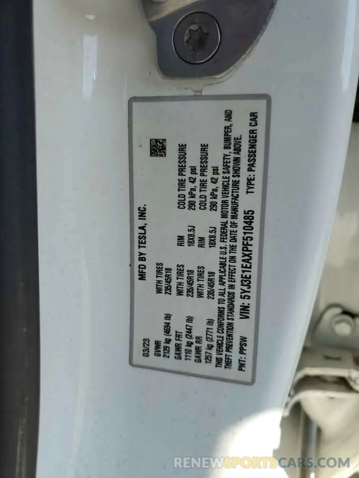 12 fotografías del automóvil dañado 5YJ3E1EAXPF510485 TESLA MODEL 3 2023