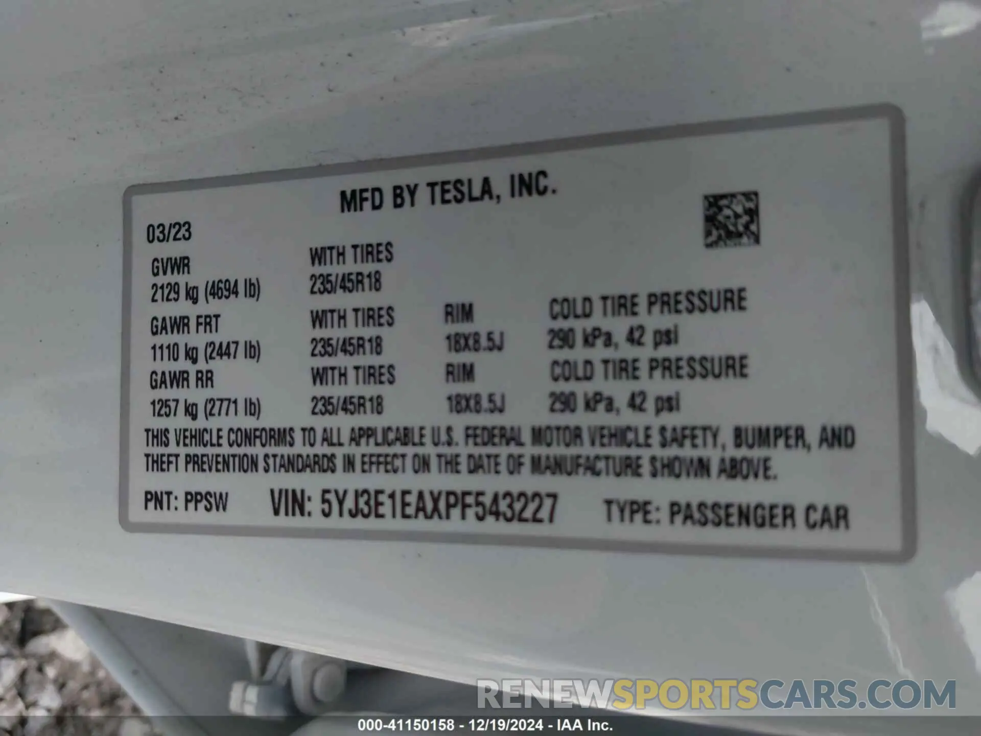9 fotografías del automóvil dañado 5YJ3E1EAXPF543227 TESLA MODEL 3 2023