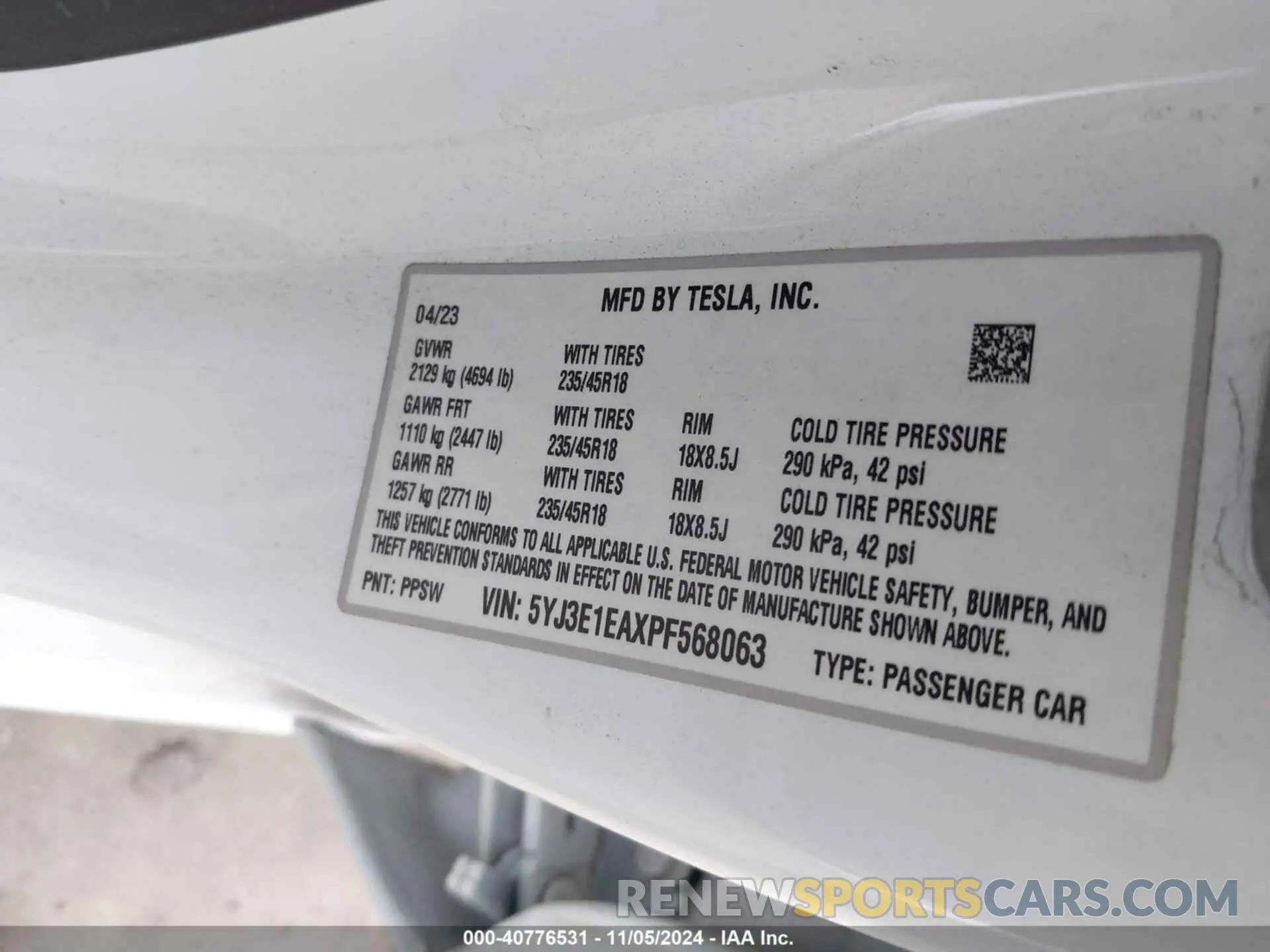 9 fotografías del automóvil dañado 5YJ3E1EAXPF568063 TESLA MODEL 3 2023