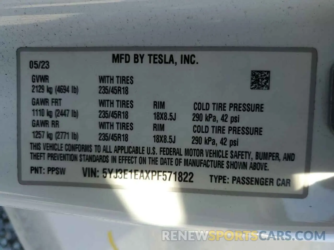 15 fotografías del automóvil dañado 5YJ3E1EAXPF571822 TESLA MODEL 3 2023