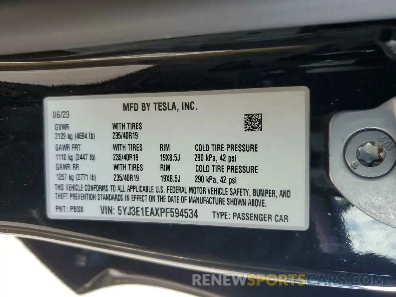 12 fotografías del automóvil dañado 5YJ3E1EAXPF594534 TESLA MODEL 3 2023