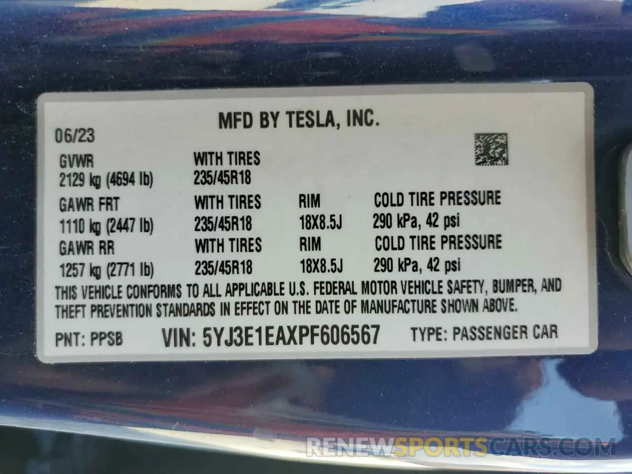 12 fotografías del automóvil dañado 5YJ3E1EAXPF606567 TESLA MODEL 3 2023