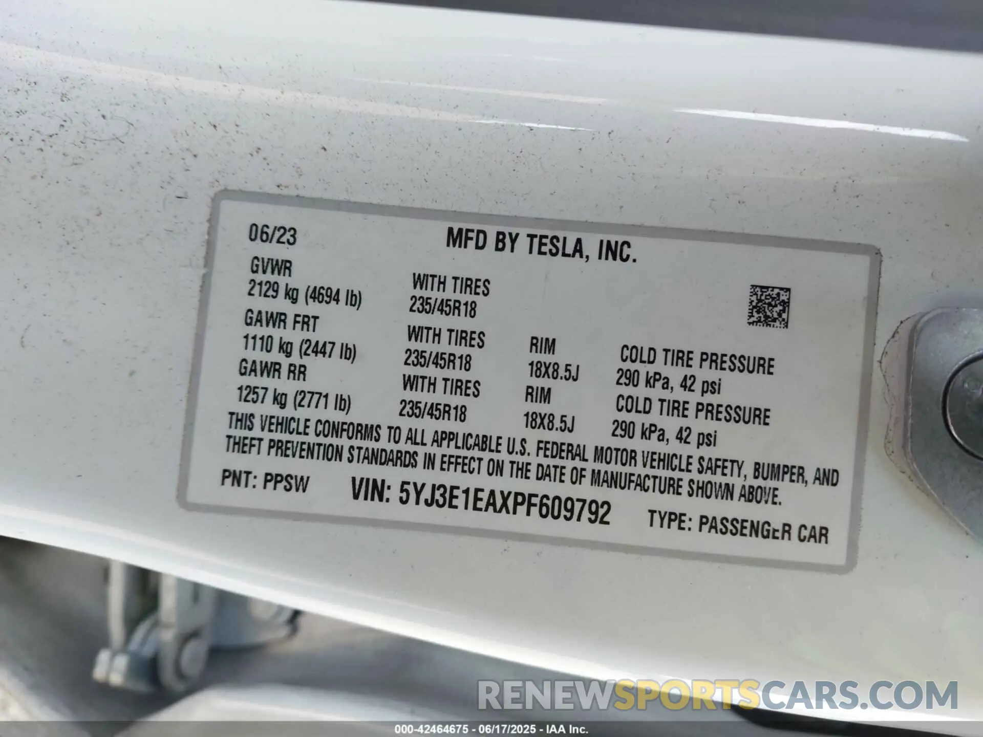 9 fotografías del automóvil dañado 5YJ3E1EAXPF609792 TESLA MODEL 3 2023
