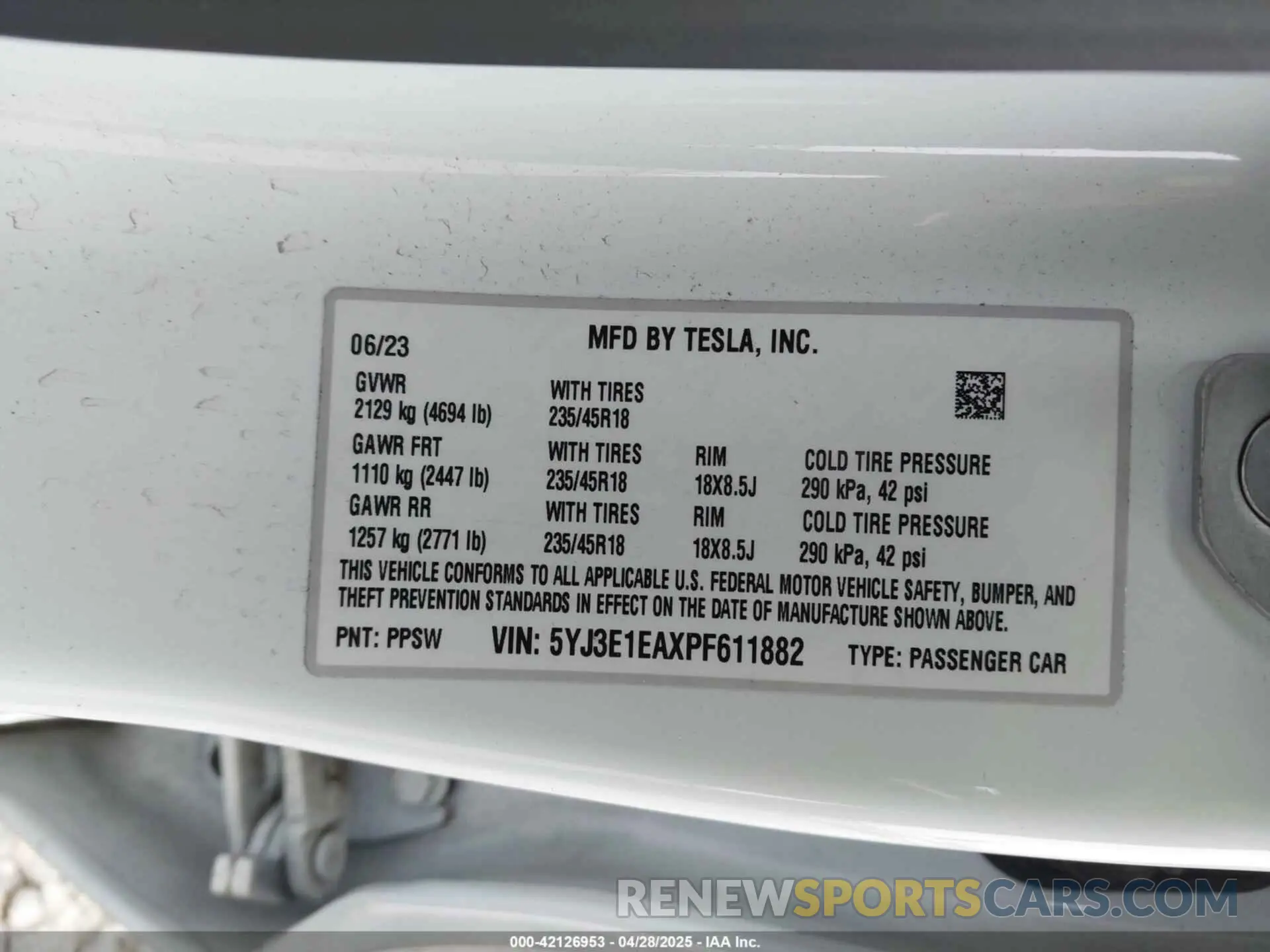 9 fotografías del automóvil dañado 5YJ3E1EAXPF611882 TESLA MODEL 3 2023