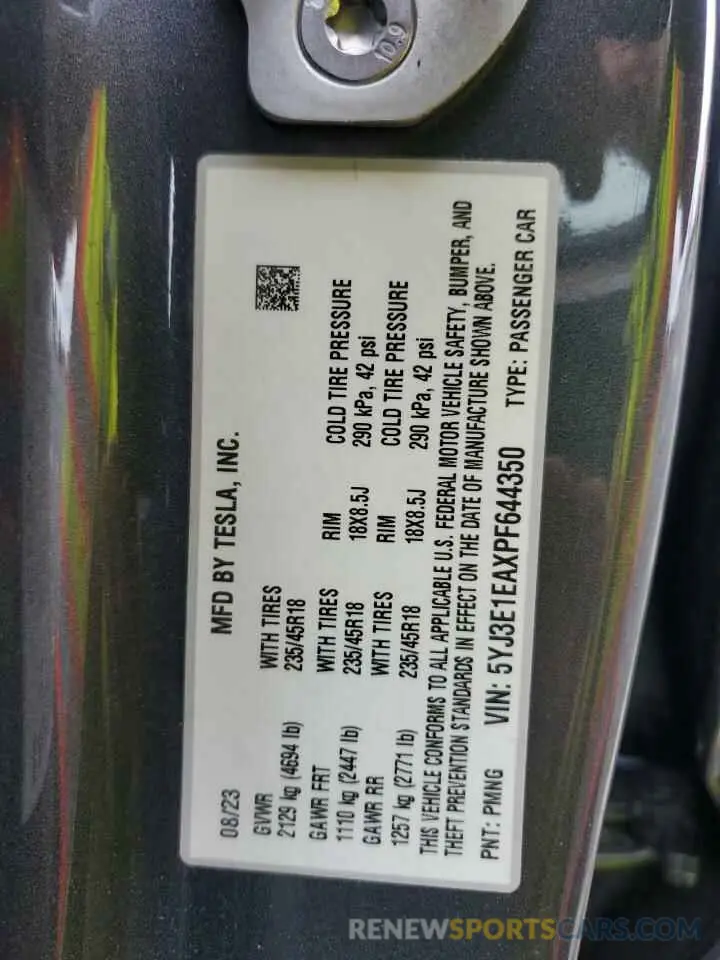 12 fotografías del automóvil dañado 5YJ3E1EAXPF644350 TESLA MODEL 3 2023