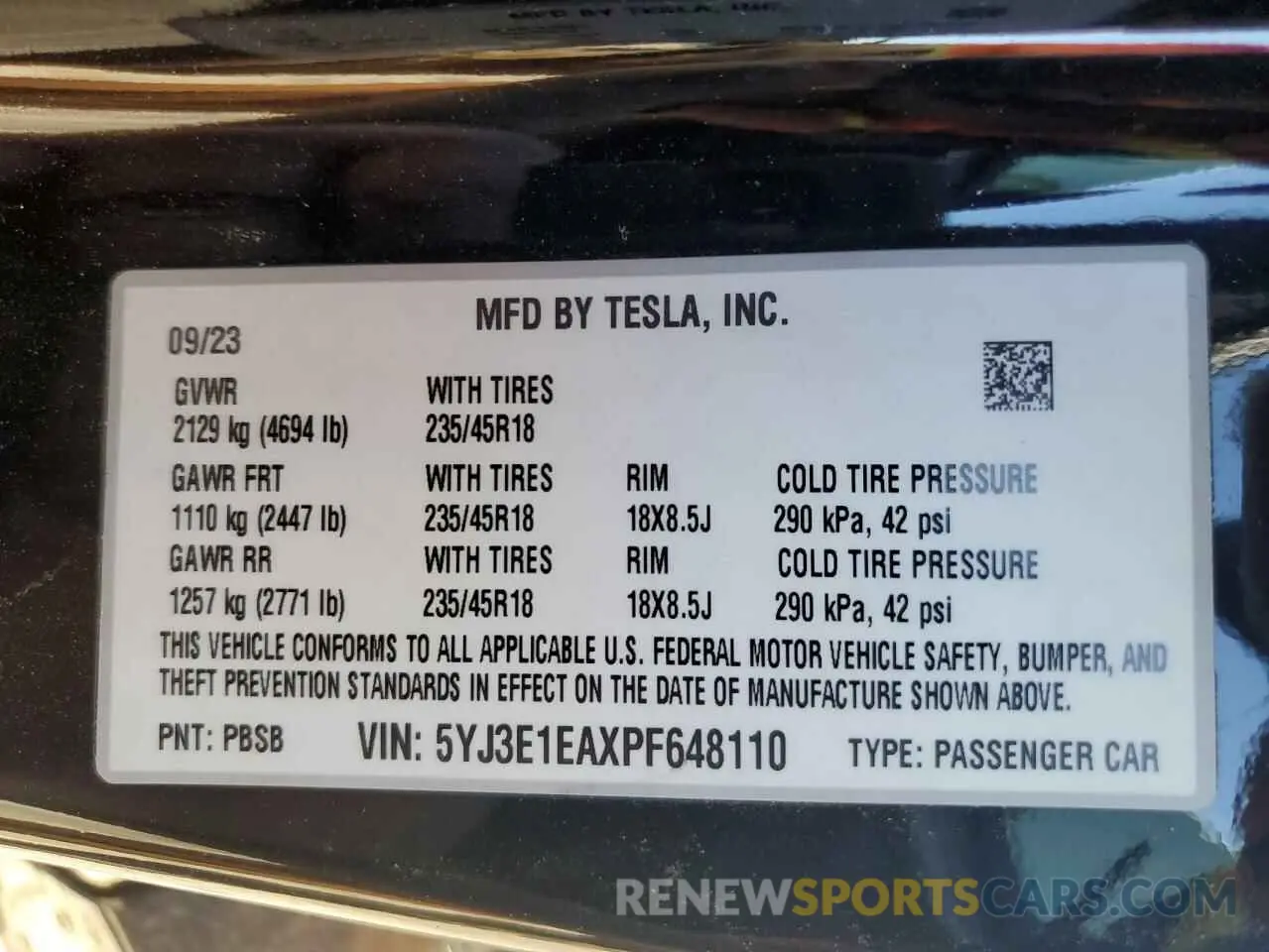 15 fotografías del automóvil dañado 5YJ3E1EAXPF648110 TESLA MODEL 3 2023