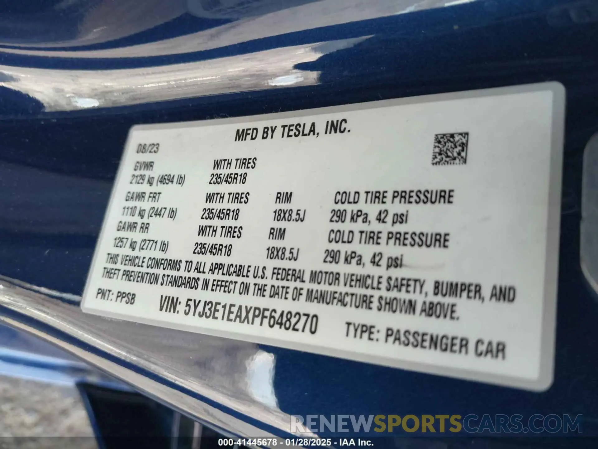 9 fotografías del automóvil dañado 5YJ3E1EAXPF648270 TESLA MODEL 3 2023