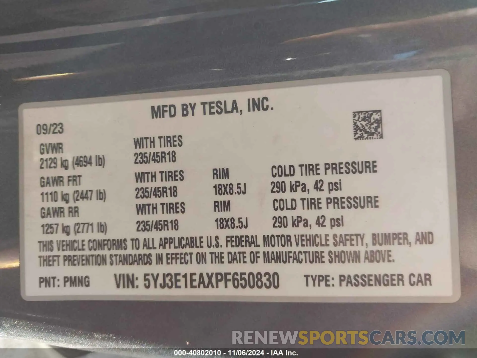 9 fotografías del automóvil dañado 5YJ3E1EAXPF650830 TESLA MODEL 3 2023