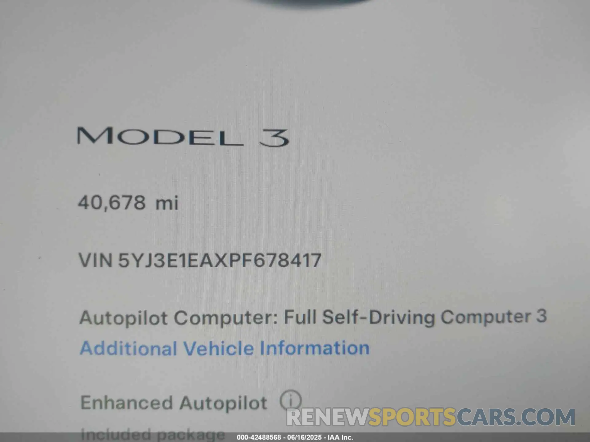 9 fotografías del automóvil dañado 5YJ3E1EAXPF678417 TESLA MODEL 3 2023