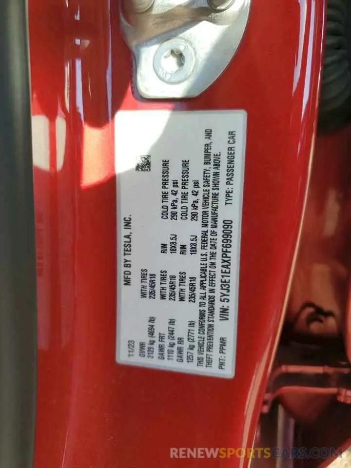 13 fotografías del automóvil dañado 5YJ3E1EAXPF699090 TESLA MODEL 3 2023