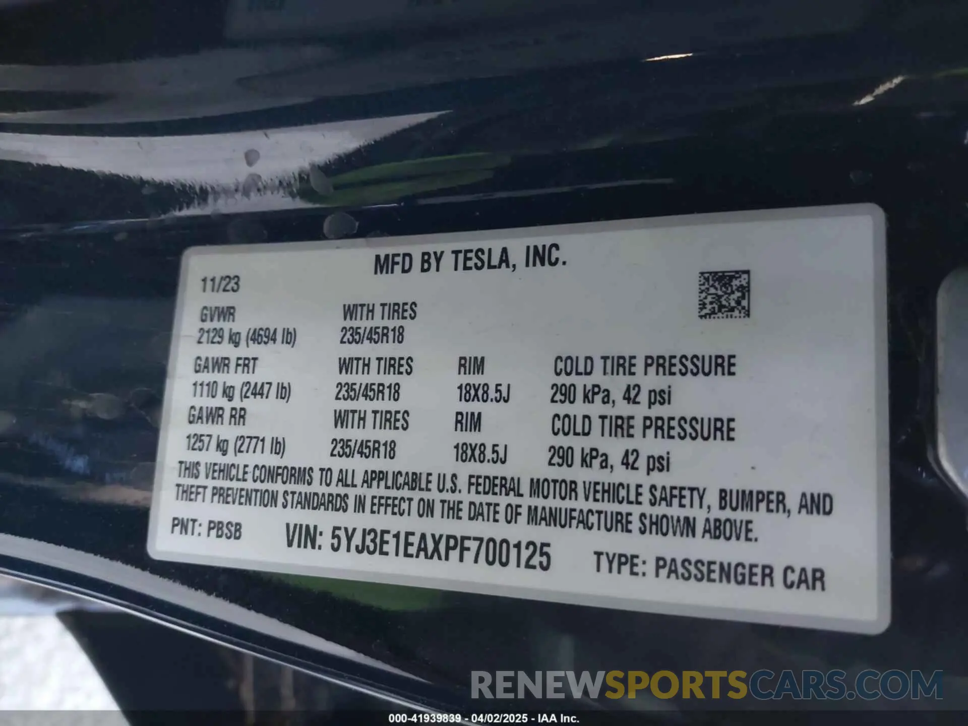 9 fotografías del automóvil dañado 5YJ3E1EAXPF700125 TESLA MODEL 3 2023