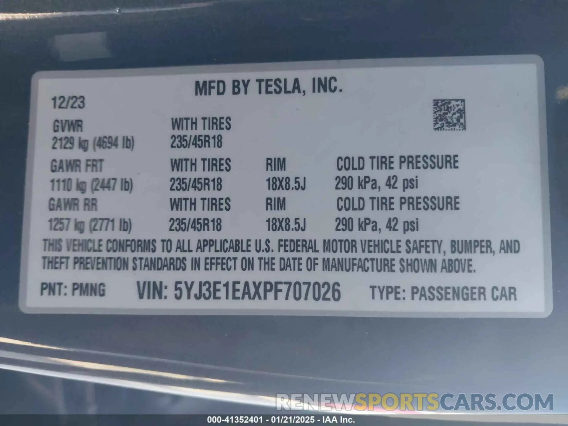 9 fotografías del automóvil dañado 5YJ3E1EAXPF707026 TESLA MODEL 3 2023