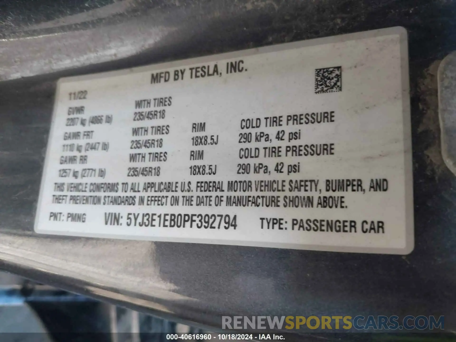 9 fotografías del automóvil dañado 5YJ3E1EB0PF392794 TESLA MODEL 3 2023