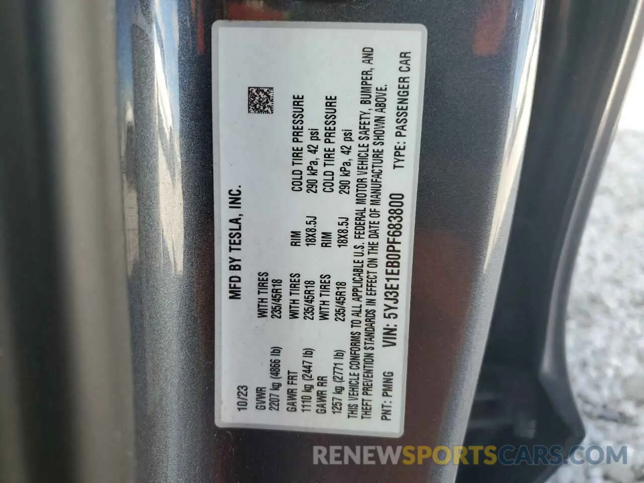 14 fotografías del automóvil dañado 5YJ3E1EB0PF683800 TESLA MODEL 3 2023