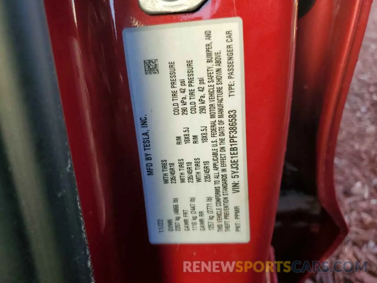 12 fotografías del automóvil dañado 5YJ3E1EB1PF386583 TESLA MODEL 3 2023