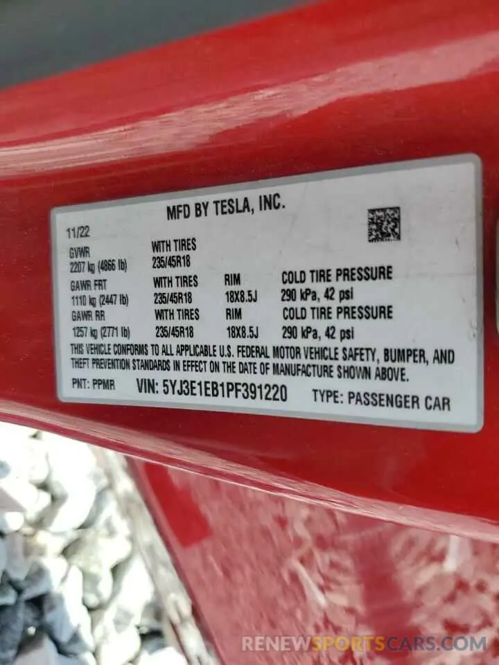 12 fotografías del automóvil dañado 5YJ3E1EB1PF391220 TESLA MODEL 3 2023