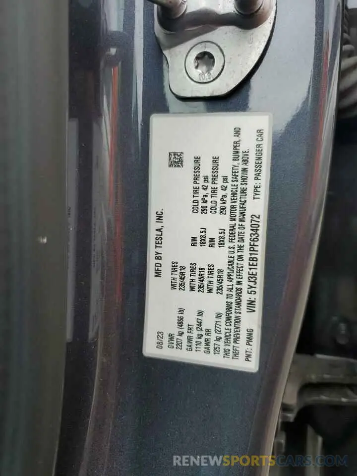 12 fotografías del automóvil dañado 5YJ3E1EB1PF634072 TESLA MODEL 3 2023