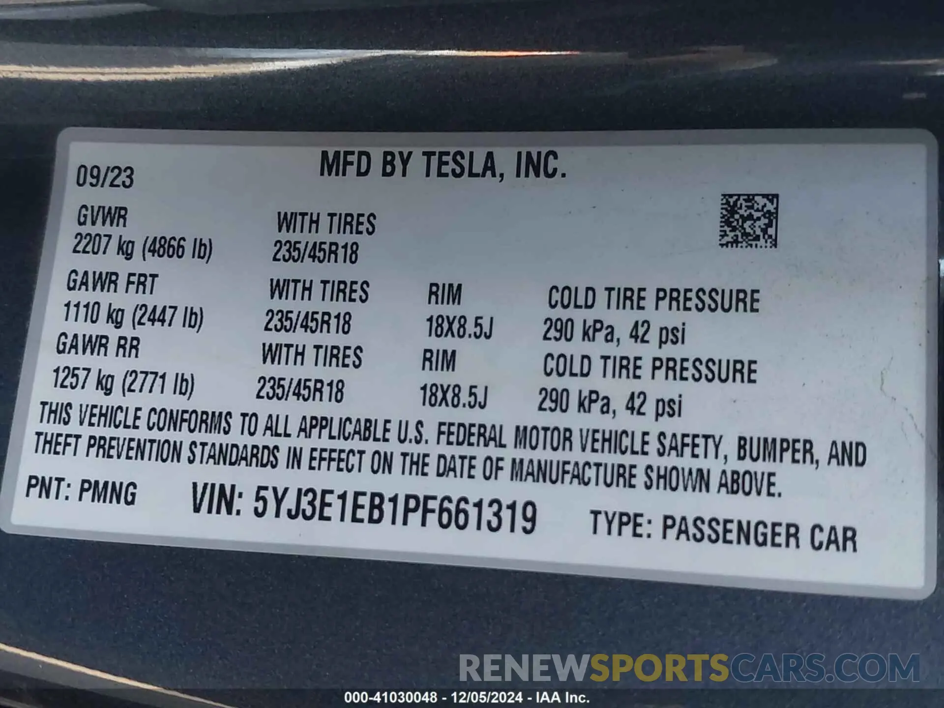 9 fotografías del automóvil dañado 5YJ3E1EB1PF661319 TESLA MODEL 3 2023