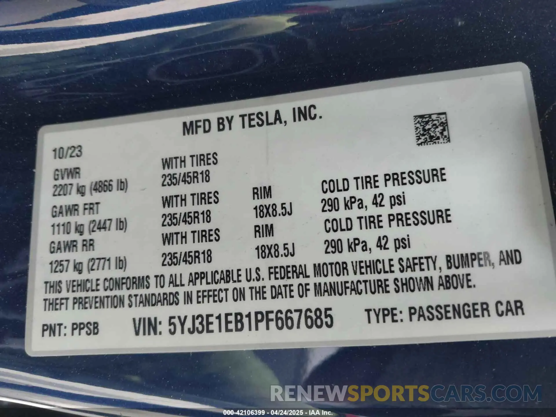 9 fotografías del automóvil dañado 5YJ3E1EB1PF667685 TESLA MODEL 3 2023