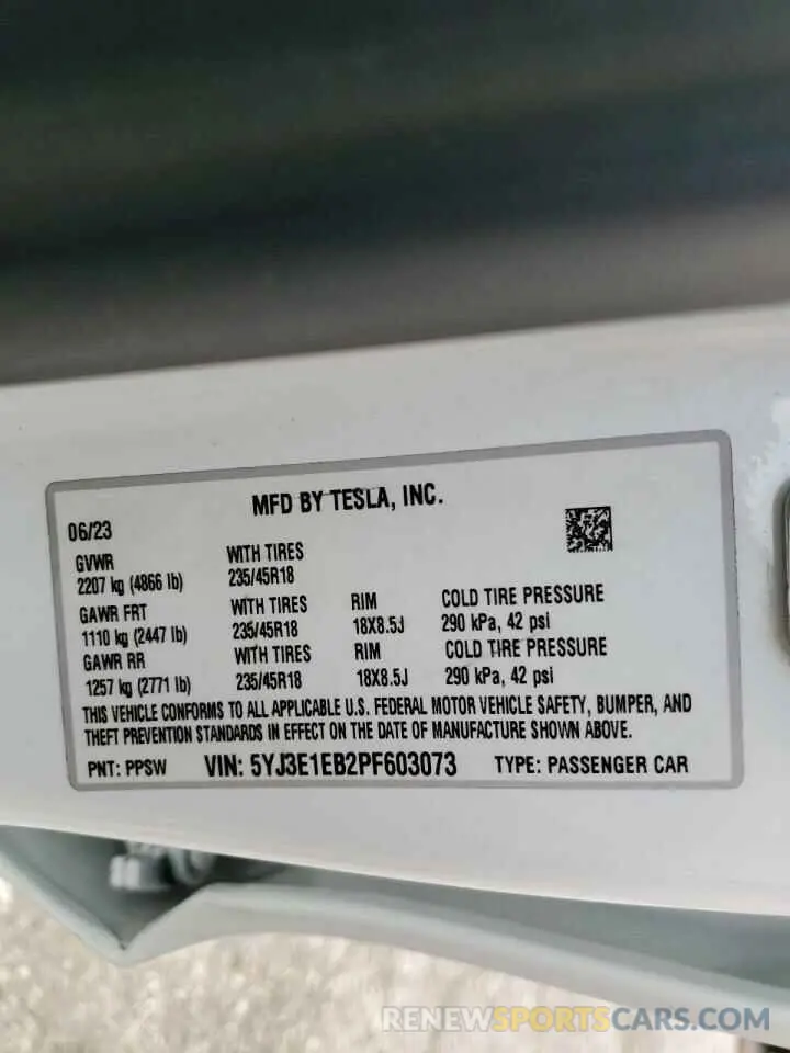 13 fotografías del automóvil dañado 5YJ3E1EB2PF603073 TESLA MODEL 3 2023