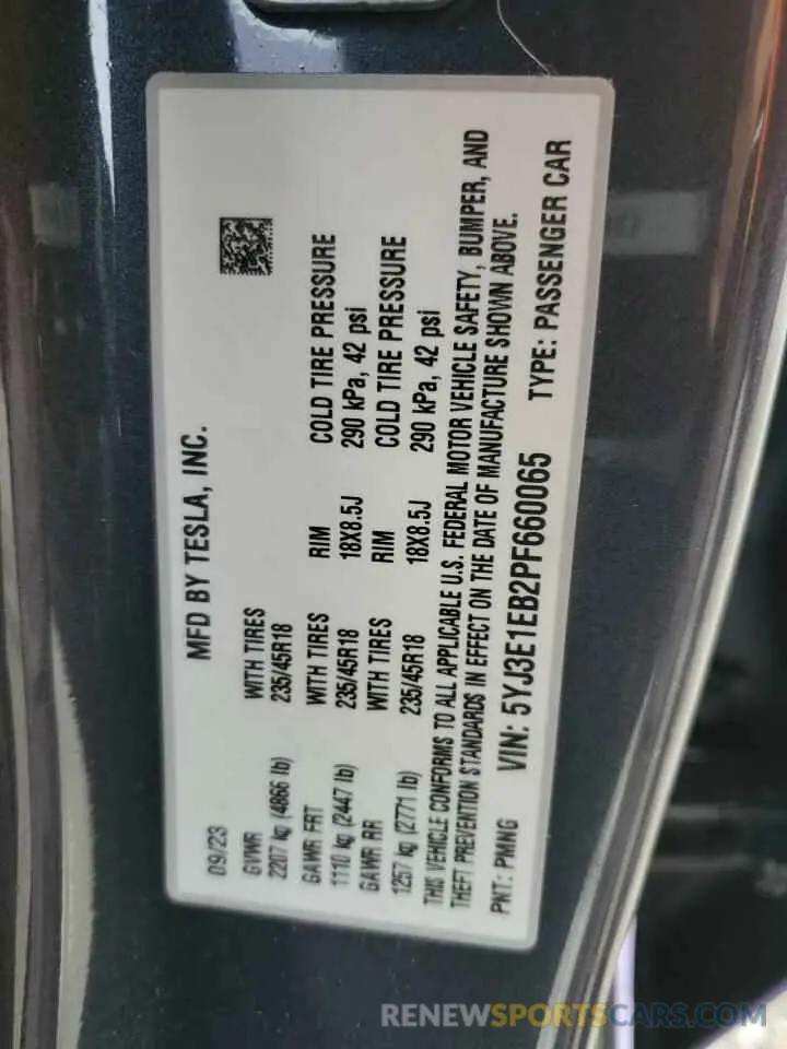 12 fotografías del automóvil dañado 5YJ3E1EB2PF660065 TESLA MODEL 3 2023