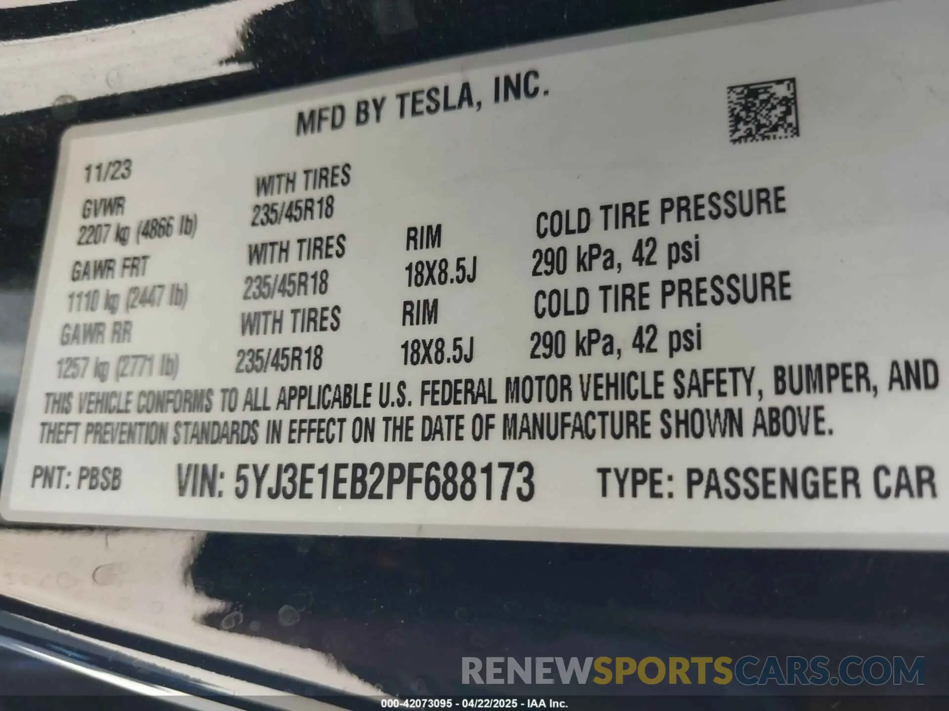 9 fotografías del automóvil dañado 5YJ3E1EB2PF688173 TESLA MODEL 3 2023