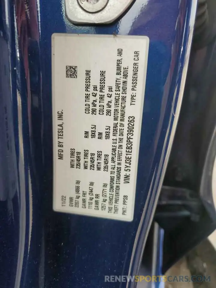 13 fotografías del automóvil dañado 5YJ3E1EB3PF390263 TESLA MODEL 3 2023