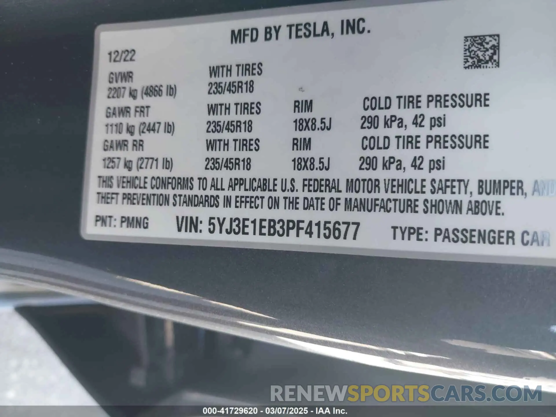 9 fotografías del automóvil dañado 5YJ3E1EB3PF415677 TESLA MODEL 3 2023