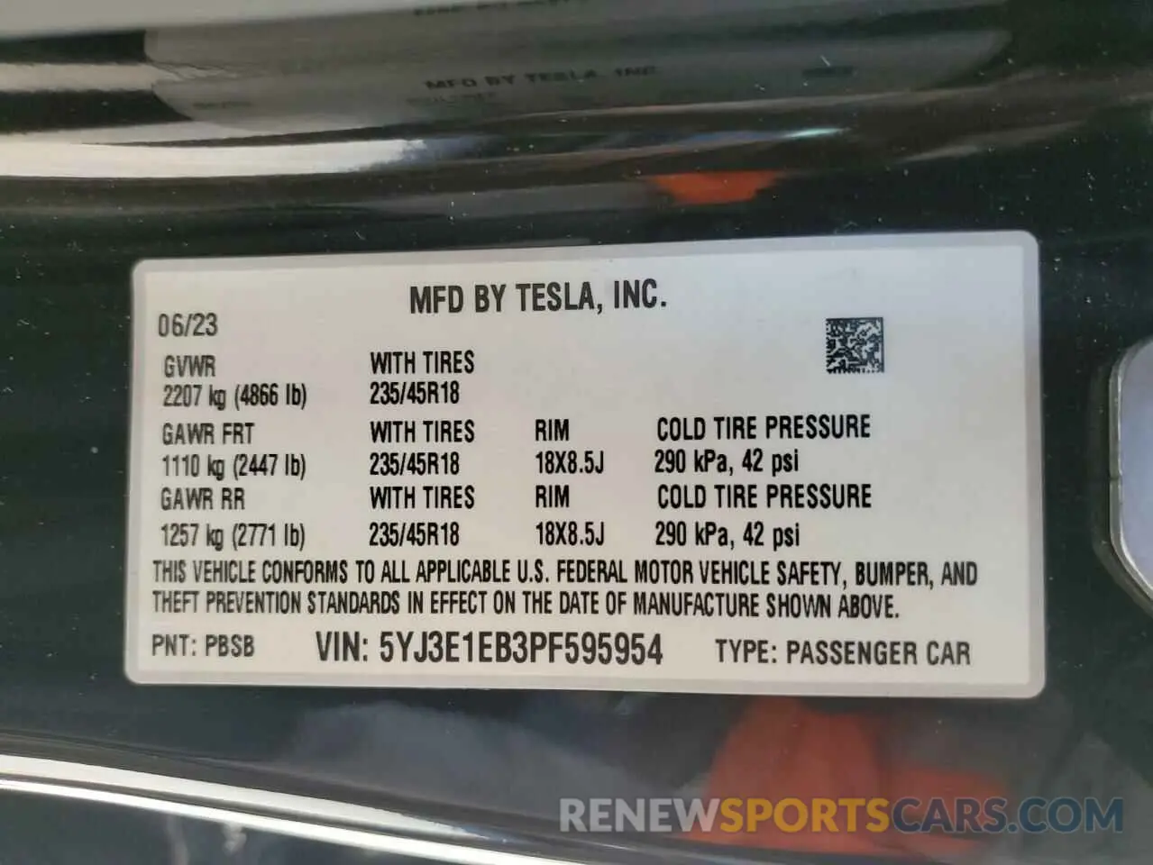 12 fotografías del automóvil dañado 5YJ3E1EB3PF595954 TESLA MODEL 3 2023