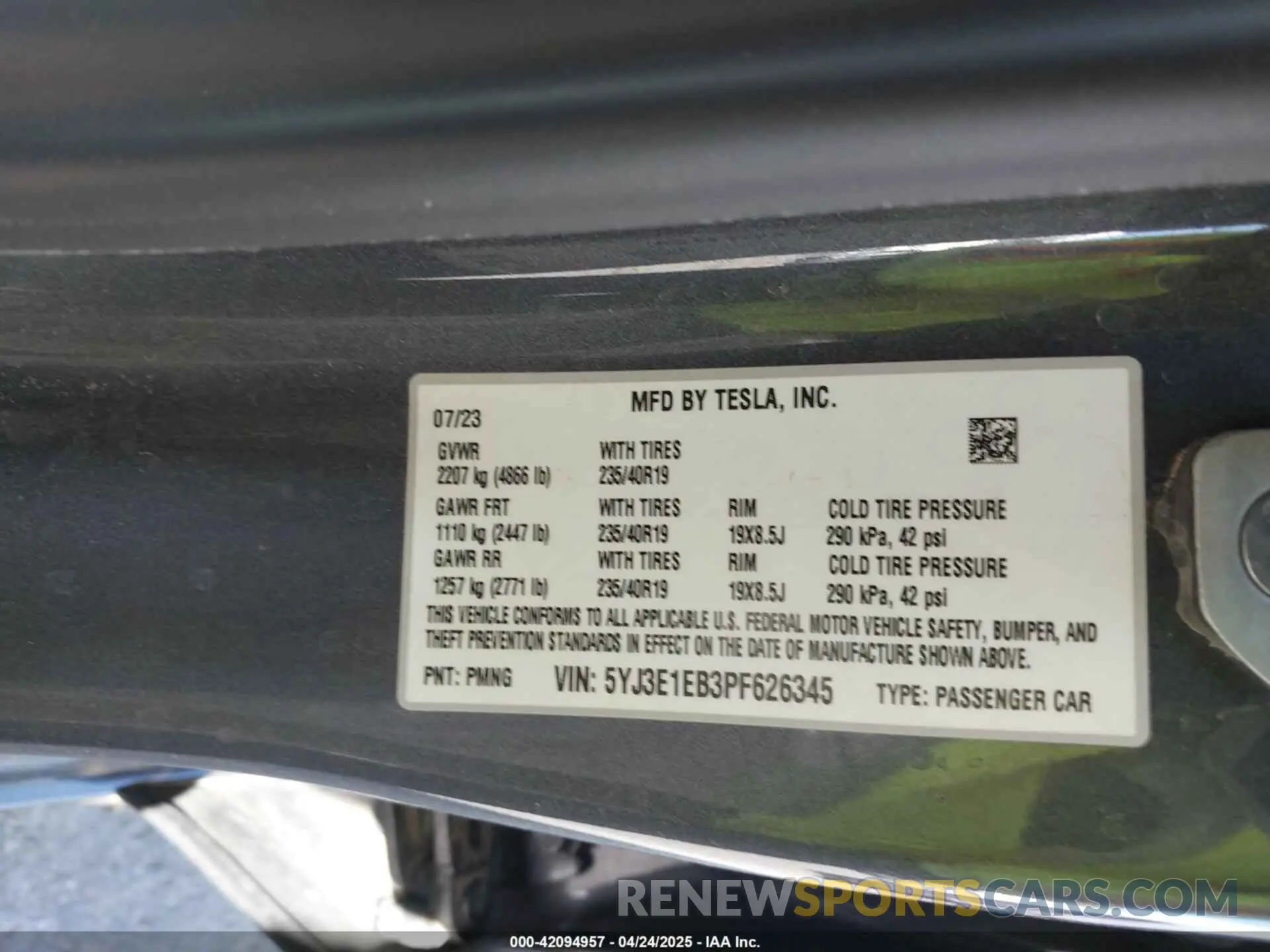 9 fotografías del automóvil dañado 5YJ3E1EB3PF626345 TESLA MODEL 3 2023
