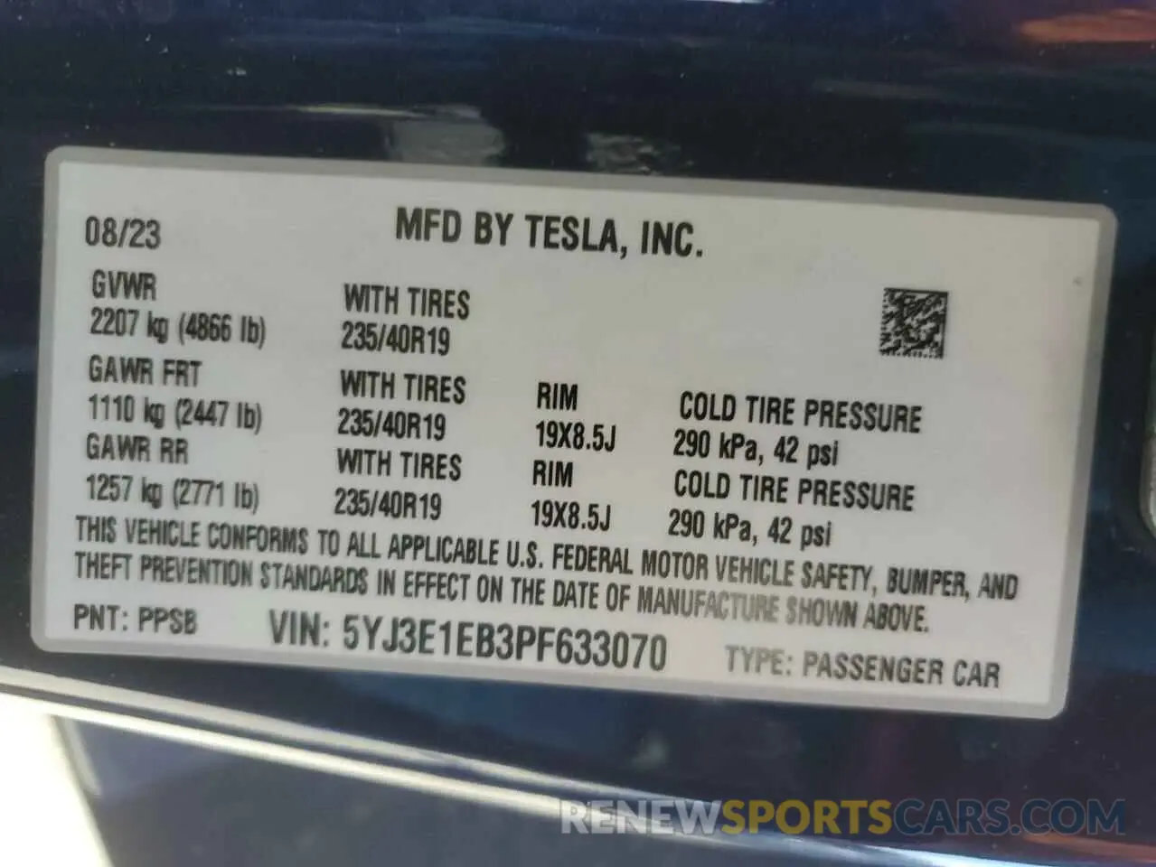 15 fotografías del automóvil dañado 5YJ3E1EB3PF633070 TESLA MODEL 3 2023