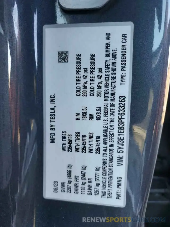 12 fotografías del automóvil dañado 5YJ3E1EB3PF633263 TESLA MODEL 3 2023