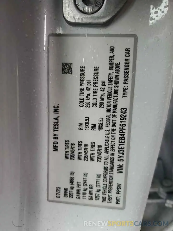 12 fotografías del automóvil dañado 5YJ3E1EB4PF619243 TESLA MODEL 3 2023