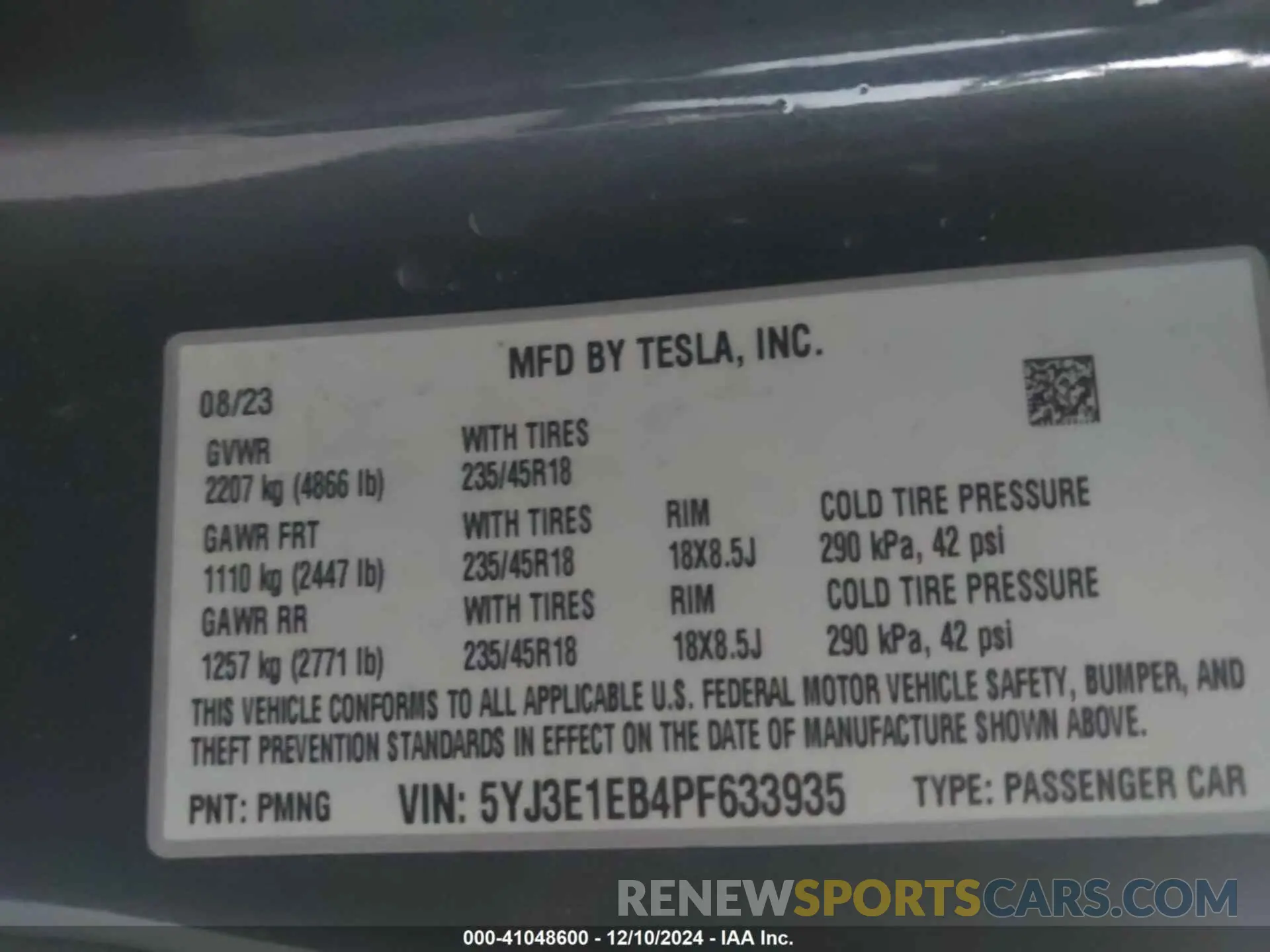 9 fotografías del automóvil dañado 5YJ3E1EB4PF633935 TESLA MODEL 3 2023
