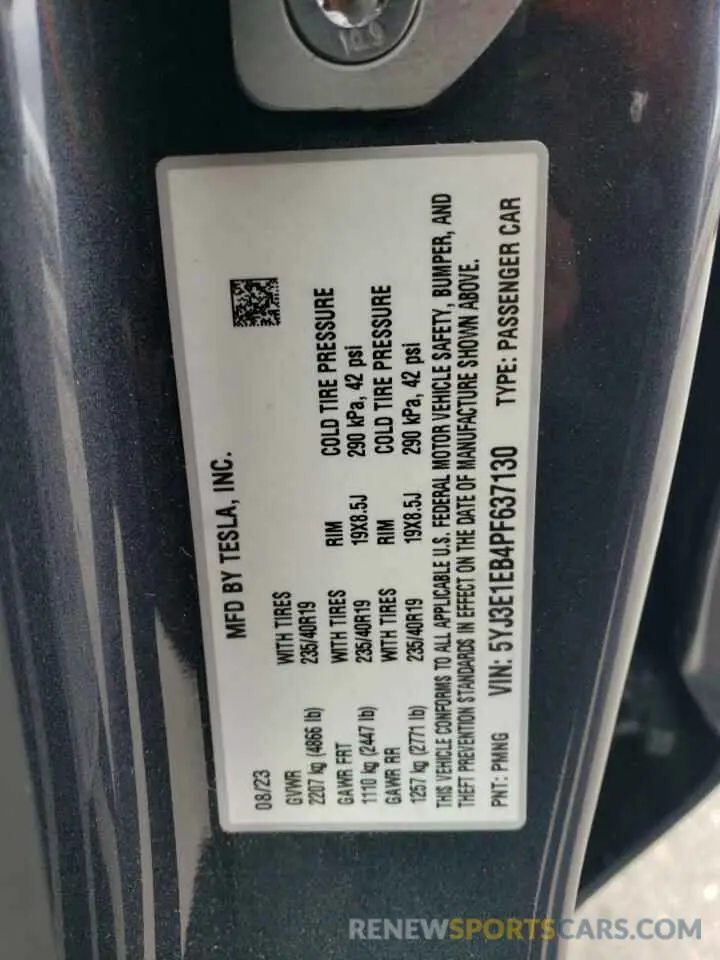 13 fotografías del automóvil dañado 5YJ3E1EB4PF637130 TESLA MODEL 3 2023
