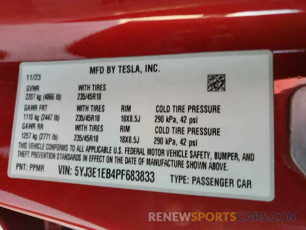 13 fotografías del automóvil dañado 5YJ3E1EB4PF683833 TESLA MODEL 3 2023