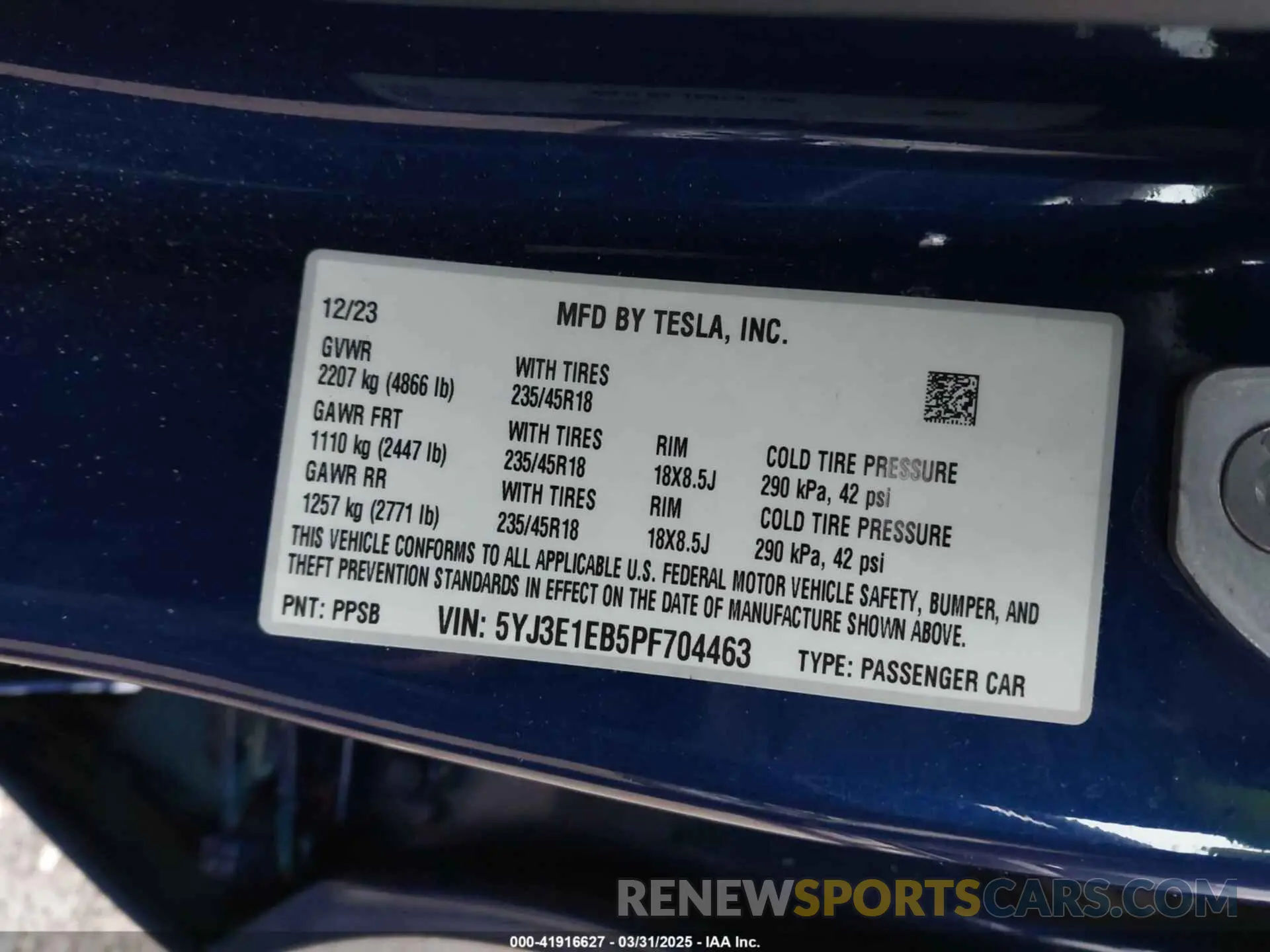 9 fotografías del automóvil dañado 5YJ3E1EB5PF704463 TESLA MODEL 3 2023