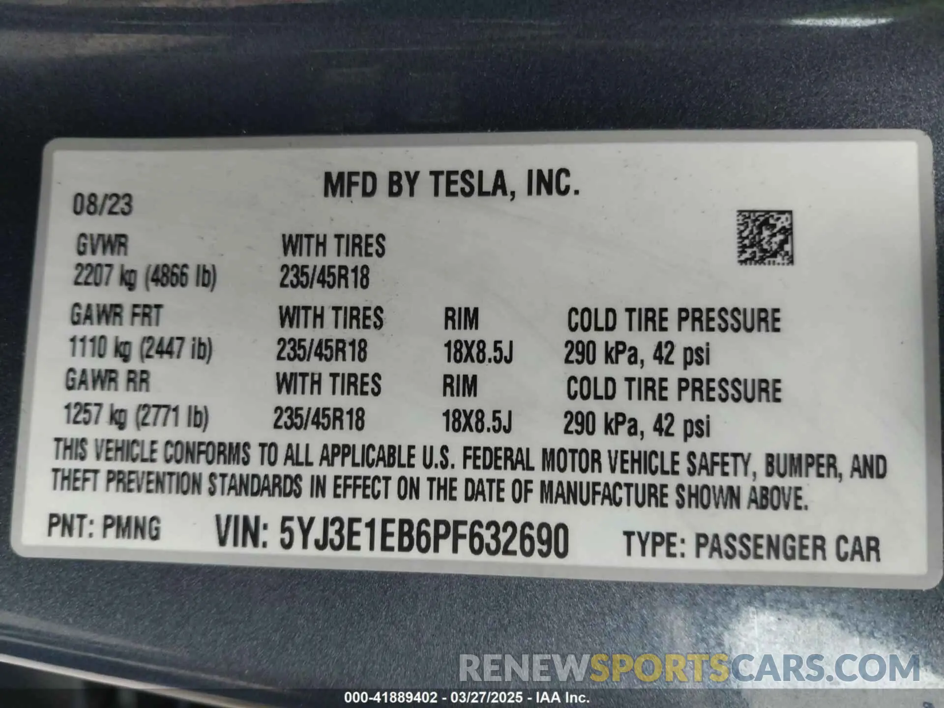 9 fotografías del automóvil dañado 5YJ3E1EB6PF632690 TESLA MODEL 3 2023