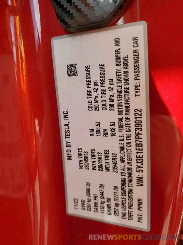 12 fotografías del automóvil dañado 5YJ3E1EB7PF390122 TESLA MODEL 3 2023