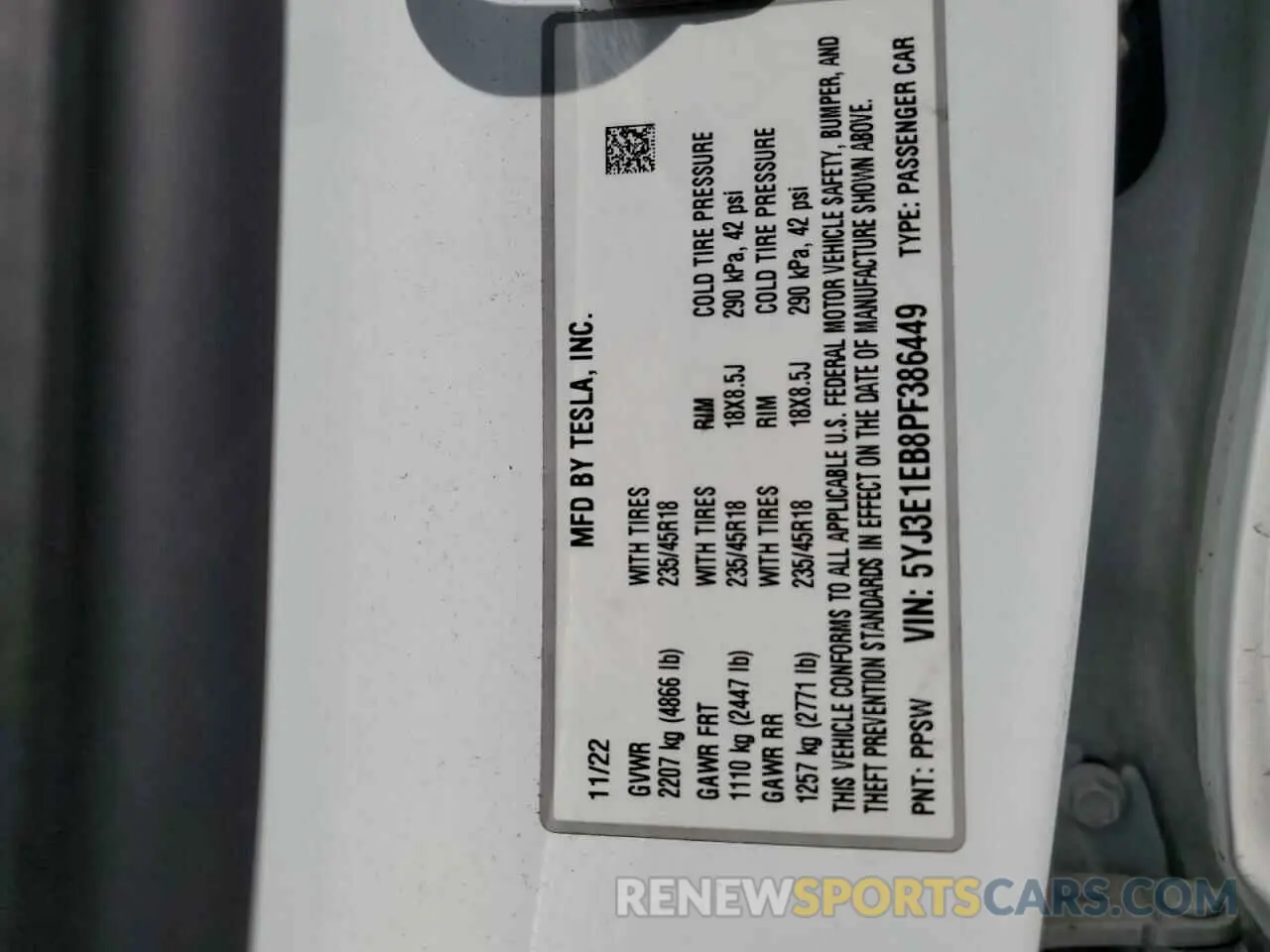 13 fotografías del automóvil dañado 5YJ3E1EB8PF386449 TESLA MODEL 3 2023