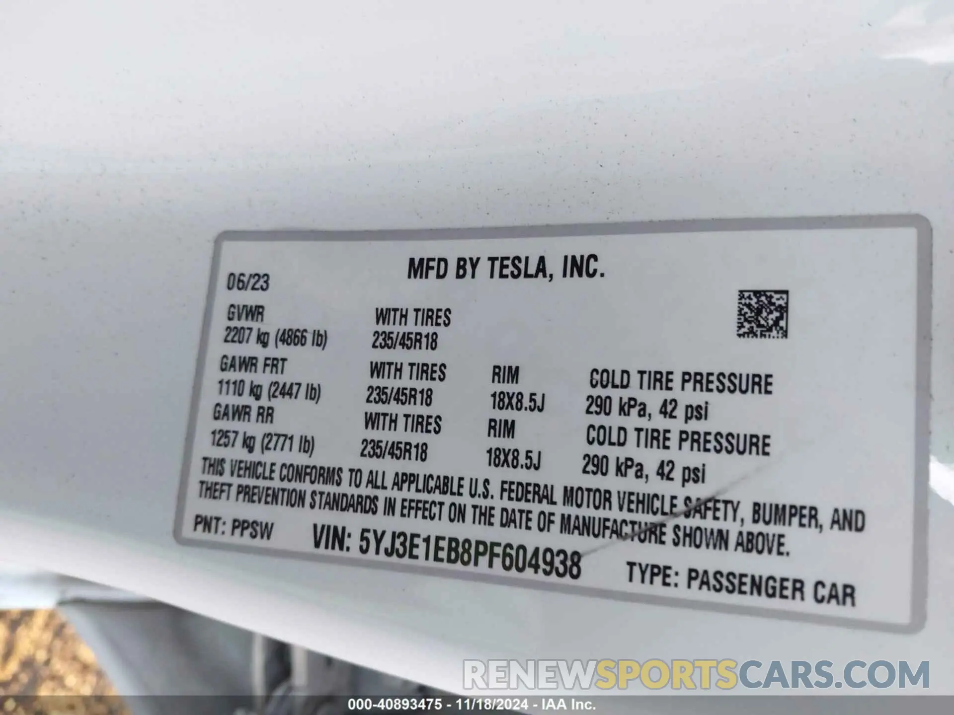 9 fotografías del automóvil dañado 5YJ3E1EB8PF604938 TESLA MODEL 3 2023